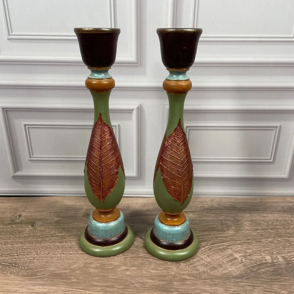 Wood Candlestick Holders Gold Leaf Green Brown Blue Artisan Handcrafted Set of 2